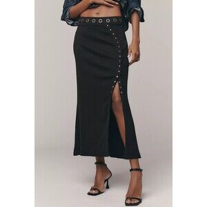 By Anthropologie Hardware Side-Slit Column Midi Skirt Studded Black MP 284204